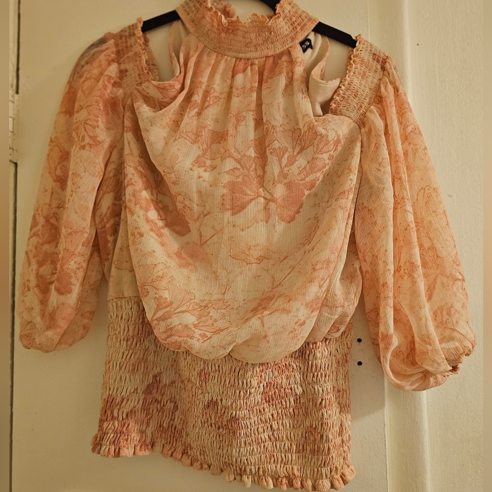 Express Peach and Cream Smocked Top